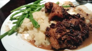 My plate: Pecan-crusted tilapia, garlic mashed potatoes, and green beans