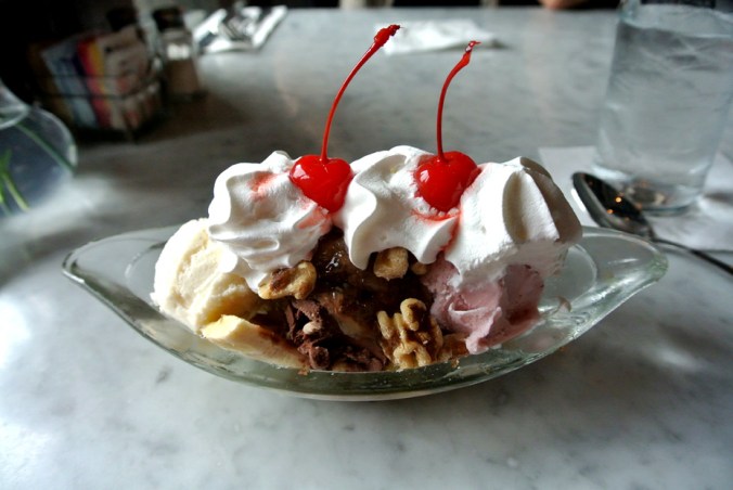 Classic Banana Split: Vanilla, chocolate, and strawberry ice cream topped with pineapple, strawberries, walnuts, whipped cream, and cherries. Can't mess with the classics!