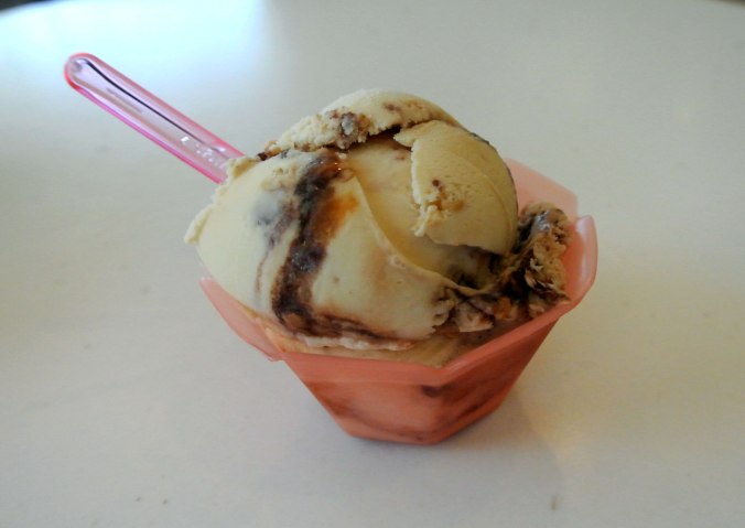 Chocolate Peanut Butter Crunch- vanilla gelato with a chocolate swirl and peanut butter pieces.